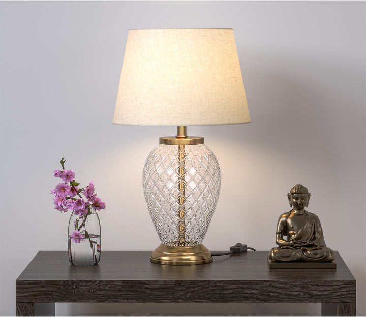 Brass Table Lamp with Diamond Cut Glass & White Shade