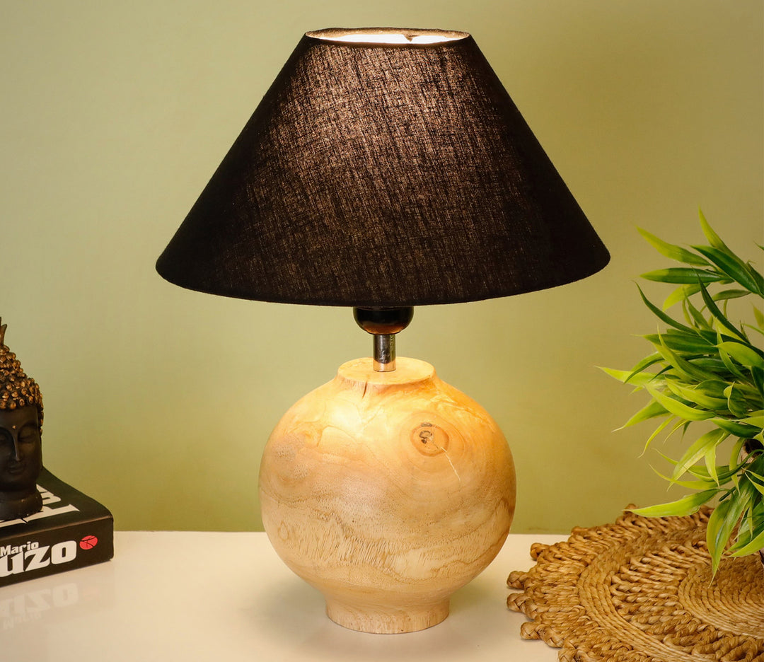 Hand-Carved Sheesham Wood Table Lamp with Minimalist Base & Black Shade (Medium)