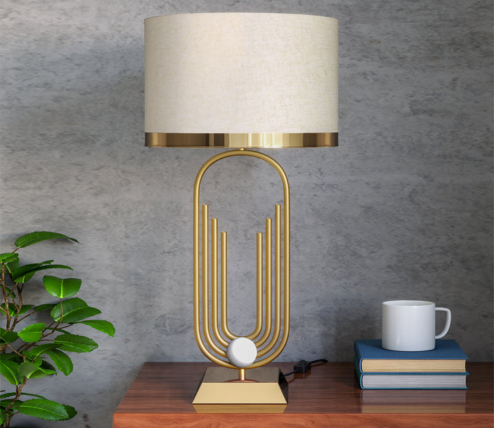 Brass Antique Gold Table Lamp with Off-White Drum Shade