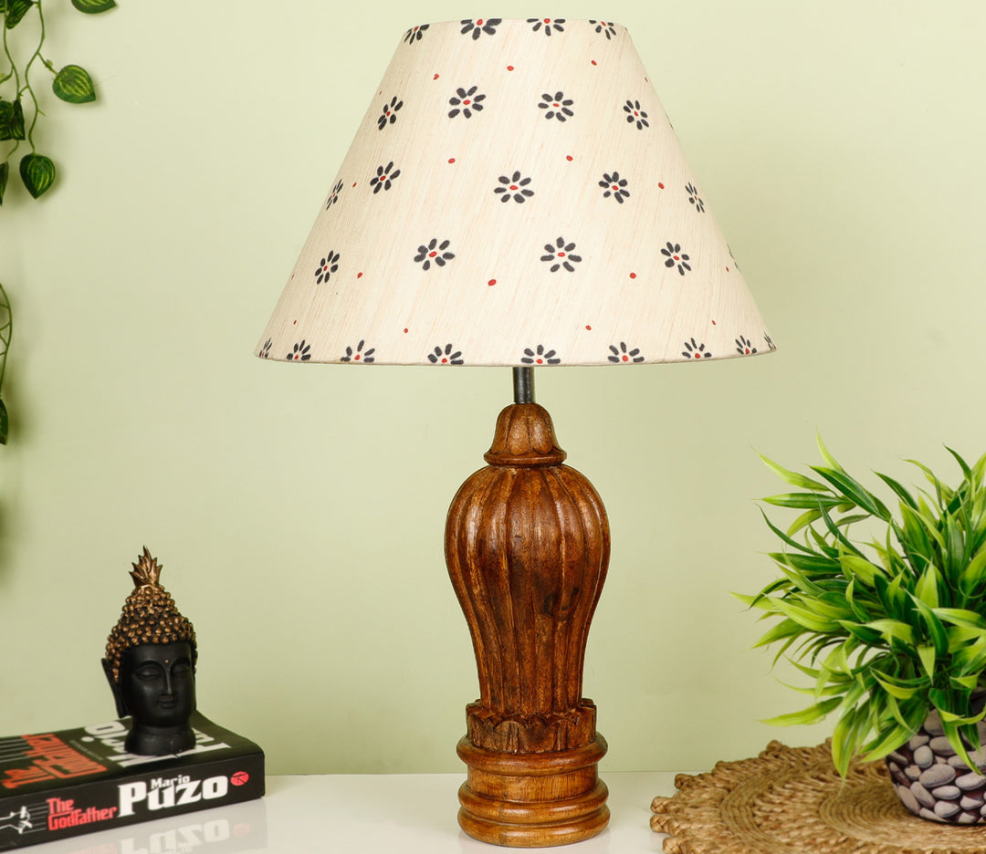Hand-Carved Coffee Colored Wood Table Lamp with Floral Fabric Shade (Large)