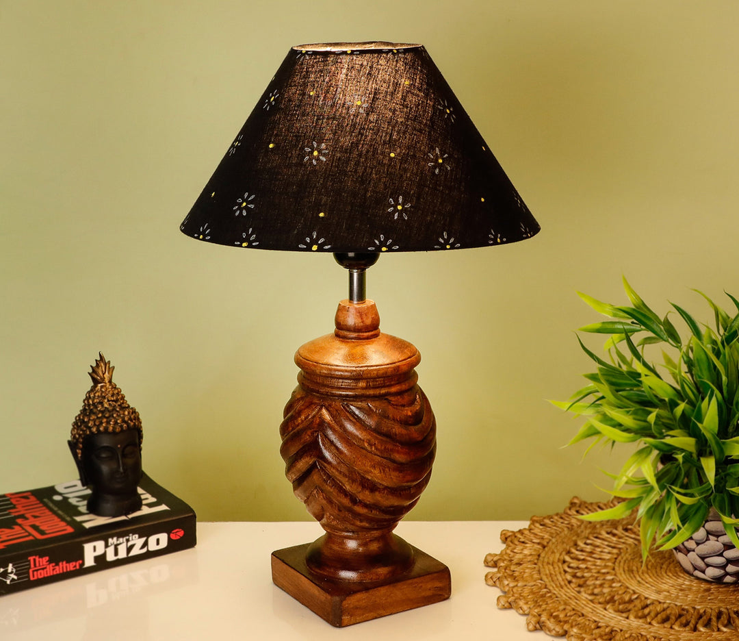 Hand-Carved Wood Table Lamp with Rings, Black Shade & Floral Art (Medium)