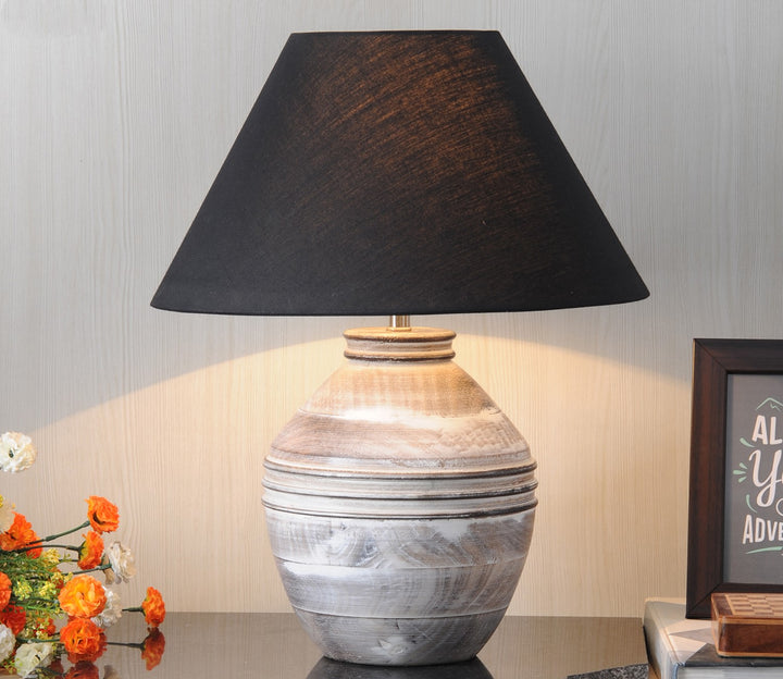 Black Carved Wood Table Lamp with Cotton Shade (Medium)