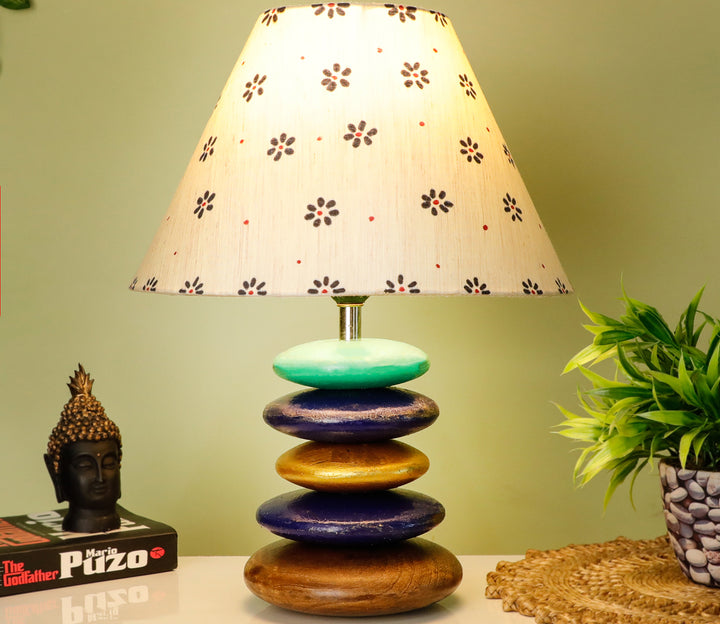 Handcrafted Wooden Table Lamp with Blue Accents and Floral Shade