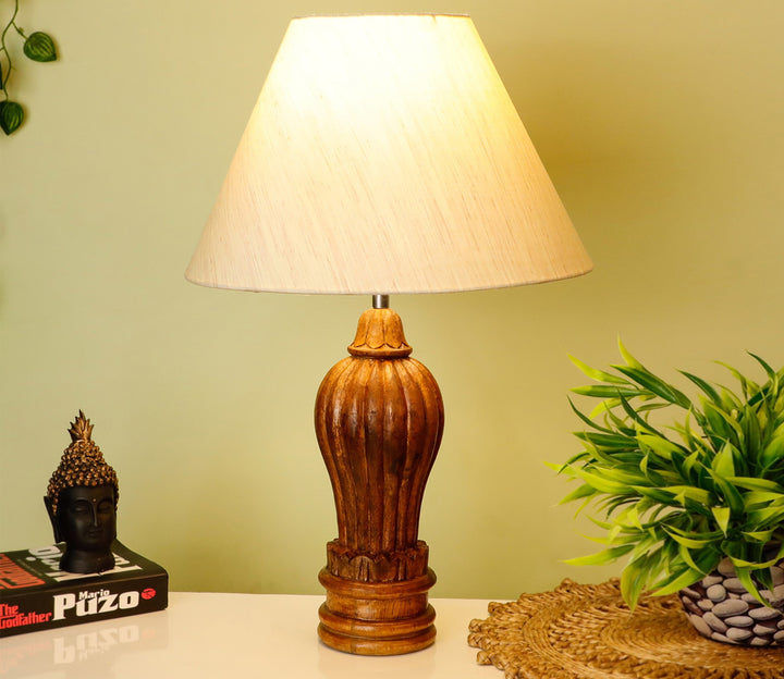 Handmade Coffee Colored Carved Wood Table Lamp with Beige Fabric Shade (Large)