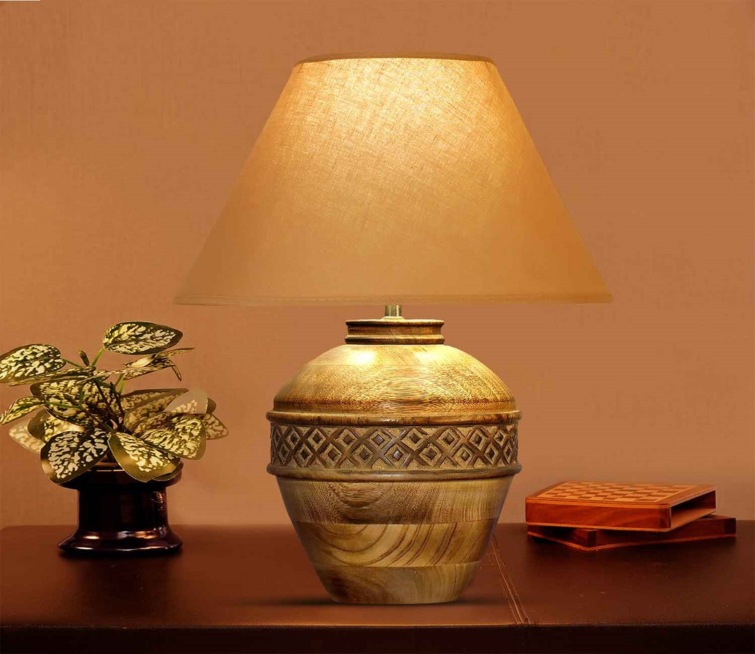 Wood Table Lamp with Beige Shade