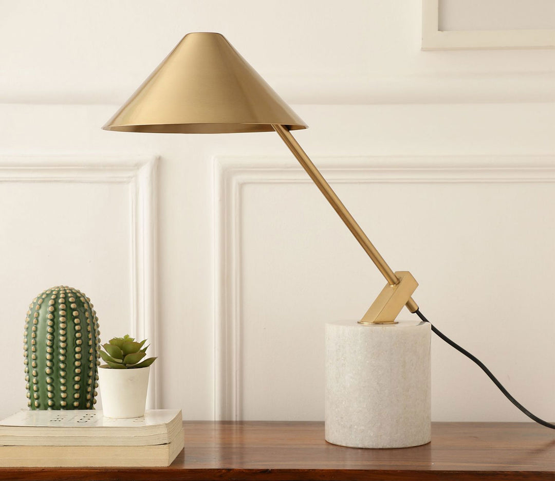 Gold Metal Cone Floor Lamp with White Marble Base