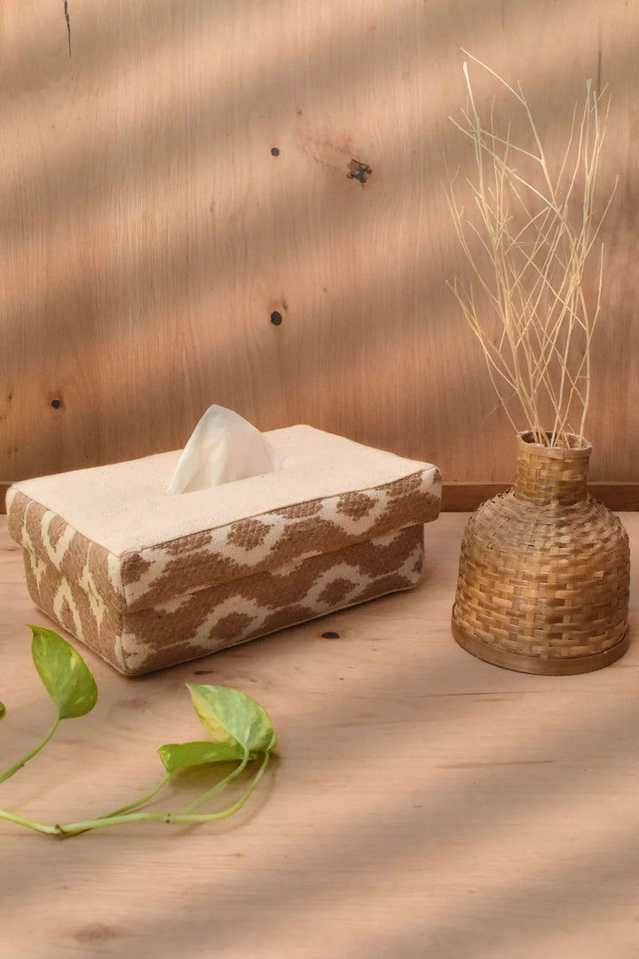 Cotton Tissue Box in Off-White and Brown | Saya Handwoven Tissue Box - Off White & Brown