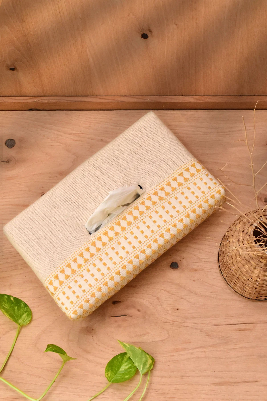 Sunset-Inspired Cotton Tissue Box | Wengi Handwoven Tissue Box - White & Yellow