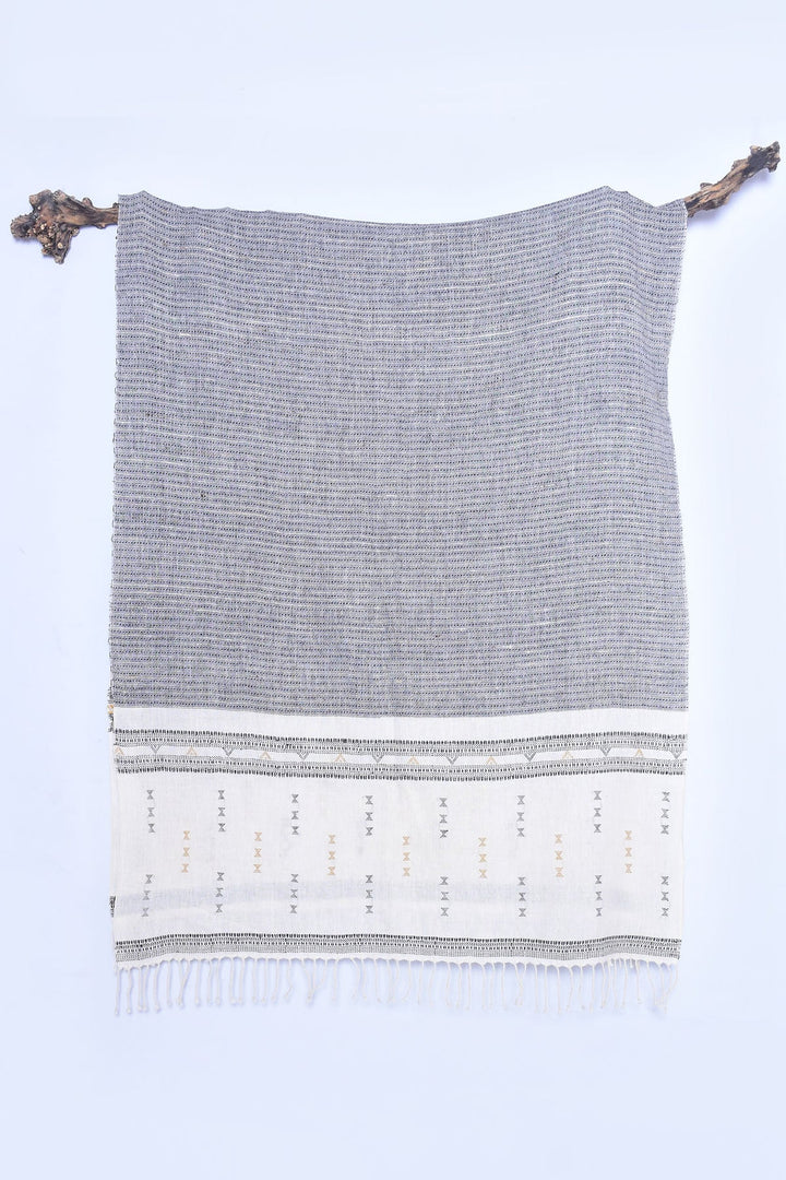 White Cotton Stole with Swirl Design | Blackbrick Hand-woven Kala Cotton Stole - White