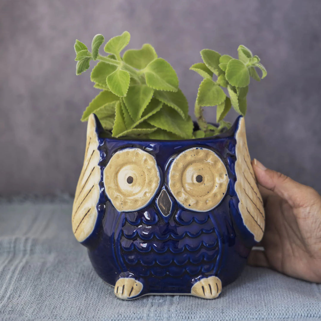 Handmade Ceramic Owl Planter | Blue Owl Planter Pot