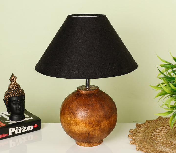 Hand-Carved Coffee Wood Table Lamp with Classic Base & Black Shade (Medium)