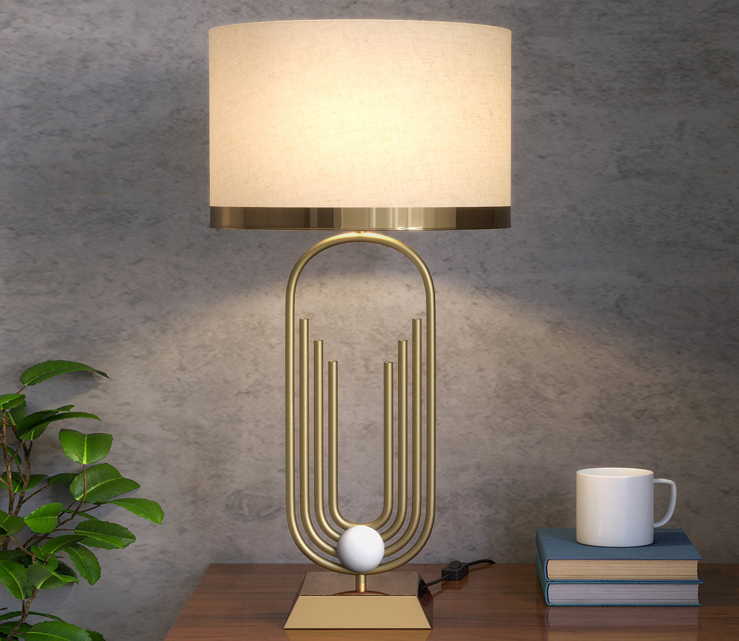 Brass Antique Gold Table Lamp with Off-White Drum Shade