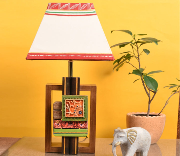 Multicolor Tribal Motif Mango Wood Table Lamp with White Shade