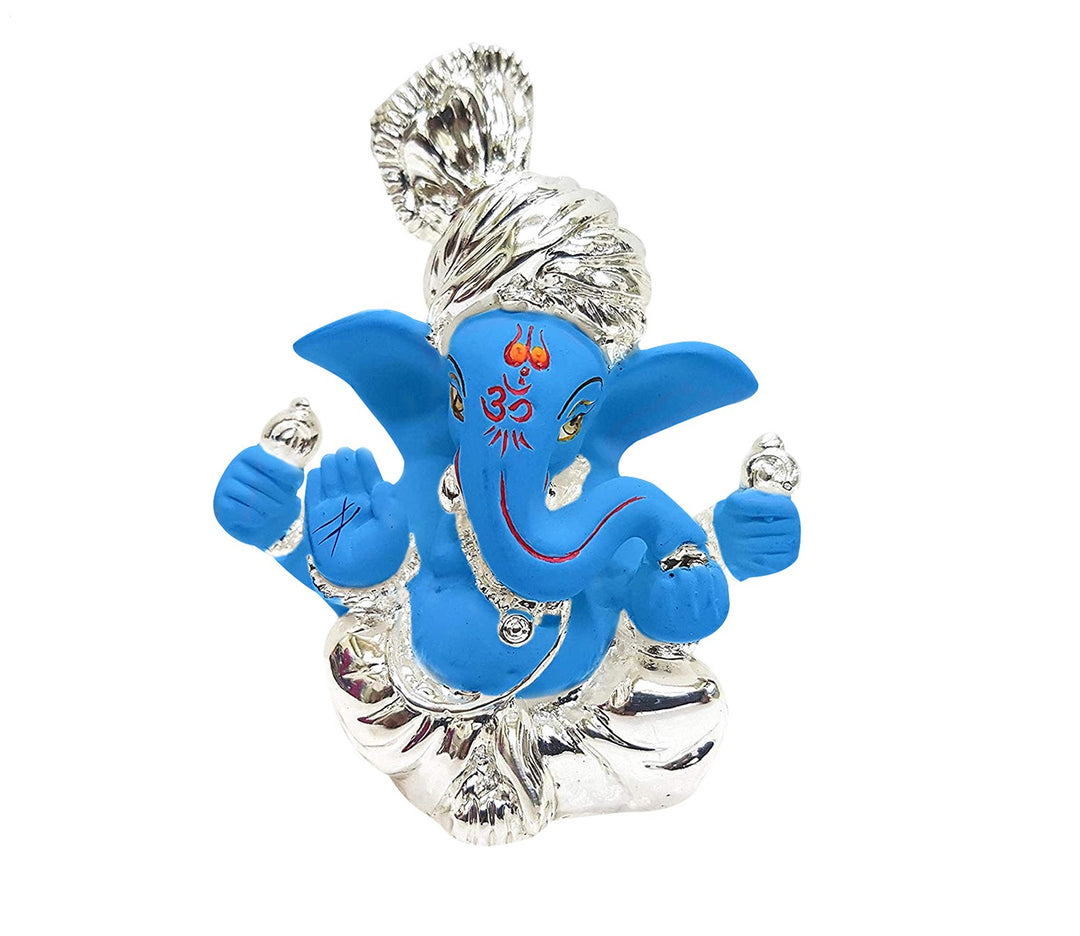 Silver Plated Blue Ceramic Ganesha Idol