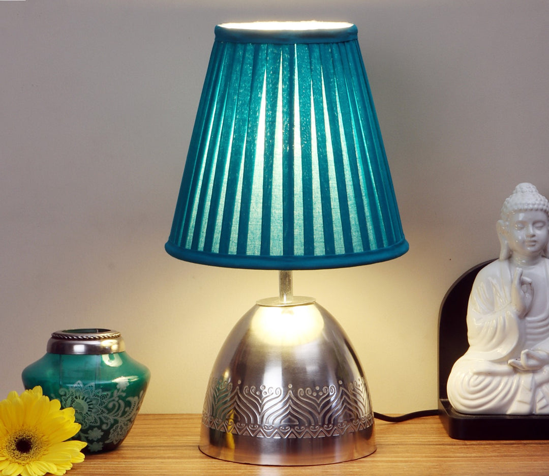 Silver Plated Table Lamp with Teal Pleated Shade (35.6 cm H)