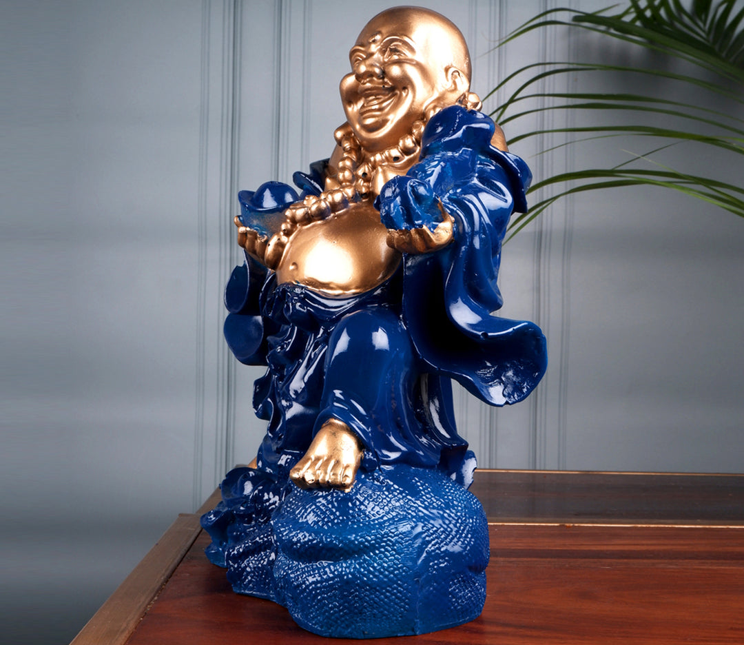 Blue Polyresin Laughing Buddha | Auspicious Polyresin Laughing Buddha Art Figurine (Blue)