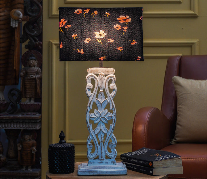 Floral Black Shade Carved Wood Table Lamp