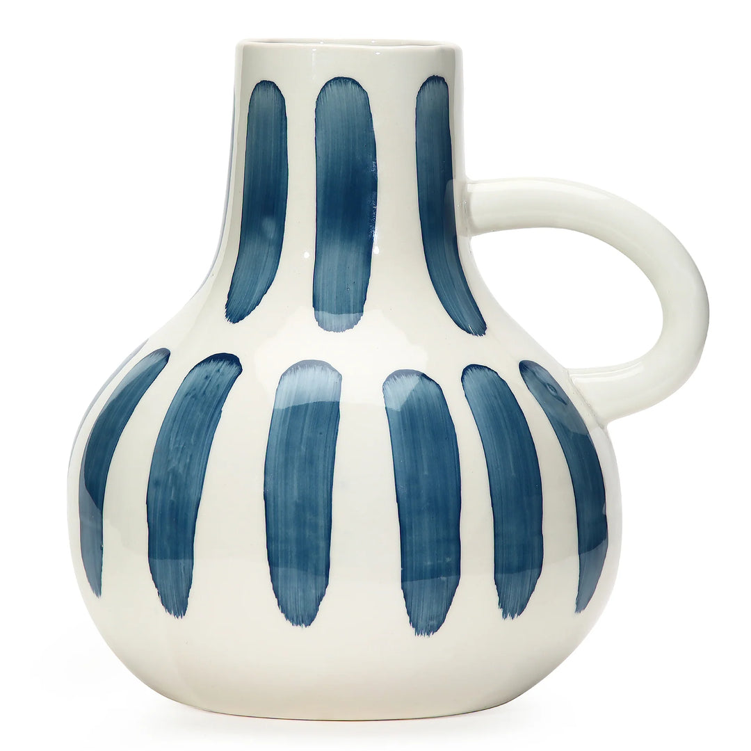 White Ceramic Vase with Blue Capsule Figures | Handmade Ceramic Bottle Vase - Blue