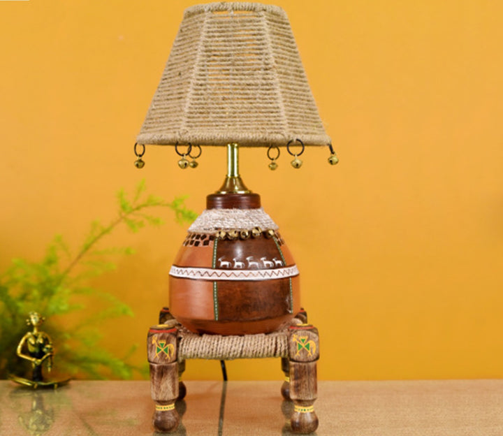 Hand-Knitted Terracotta Table Lamp with Jute Shade