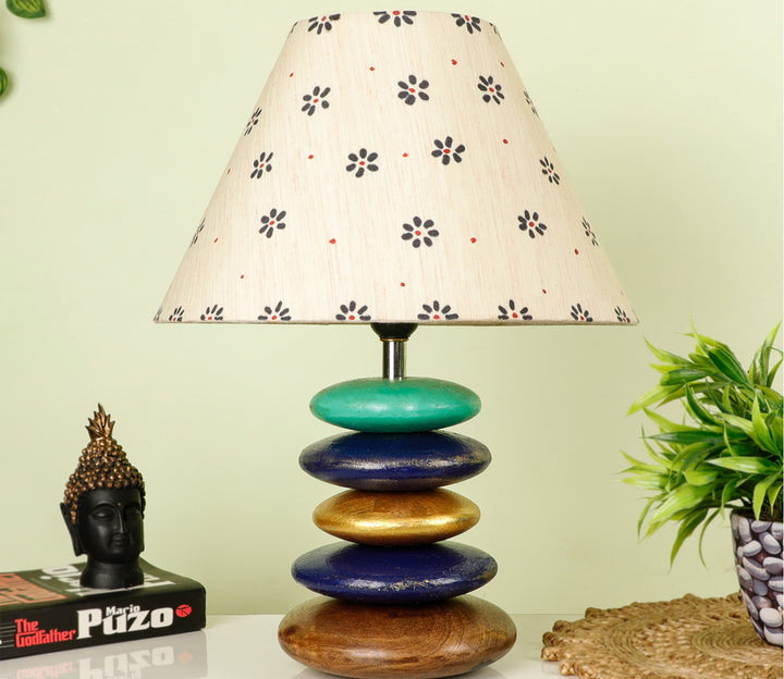 Handcrafted Wooden Table Lamp with Blue Accents and Floral Shade