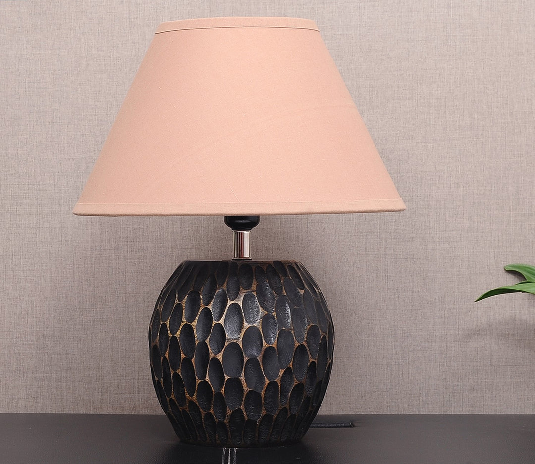 Distressed Wood Table Lamp with Cotton Shade - Beige
