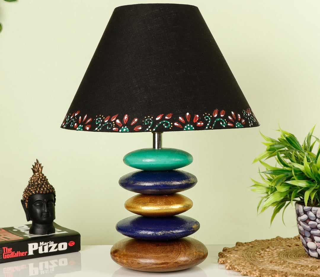 Handcrafted Wooden Table Lamp with Blue Accents and Black Shade