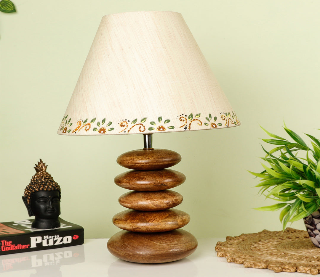 Handcrafted Wooden Table Lamp with Brown Accents and Beige Shade