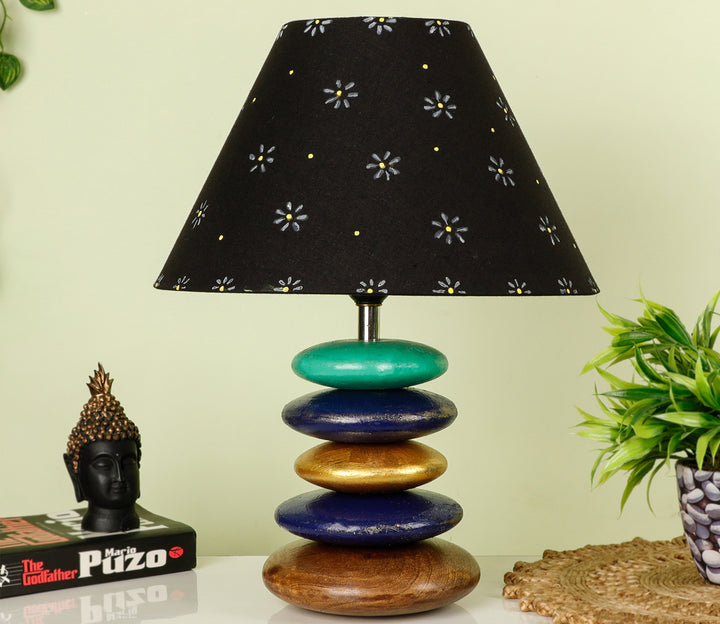 Hand Painted Wooden Table Lamp with Blue Accents and Black Shade