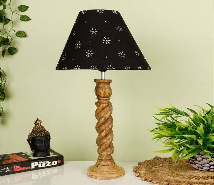 Hand-Carved Sheesham Wood Table Lamp with Textured Rope Base & Floral Black Shade (Large)