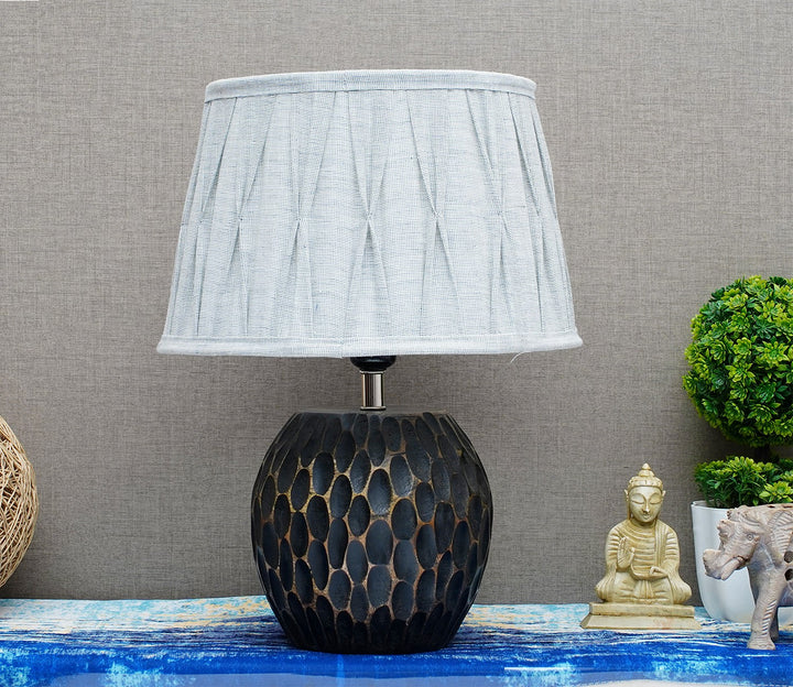 Gray Carved Wood Mini Table Lamp with Cotton Shade