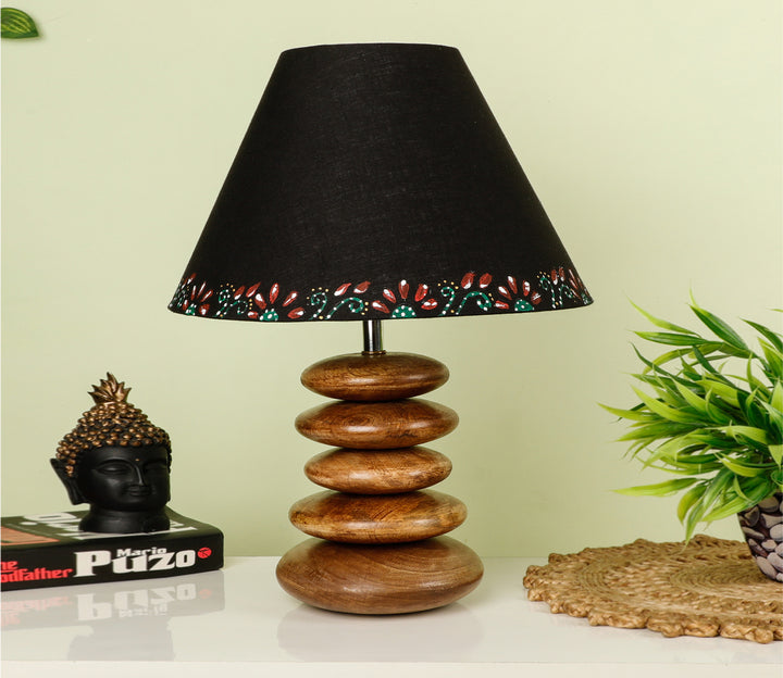 Handcrafted Wooden Table Lamp with Brown Accents and Black Shade