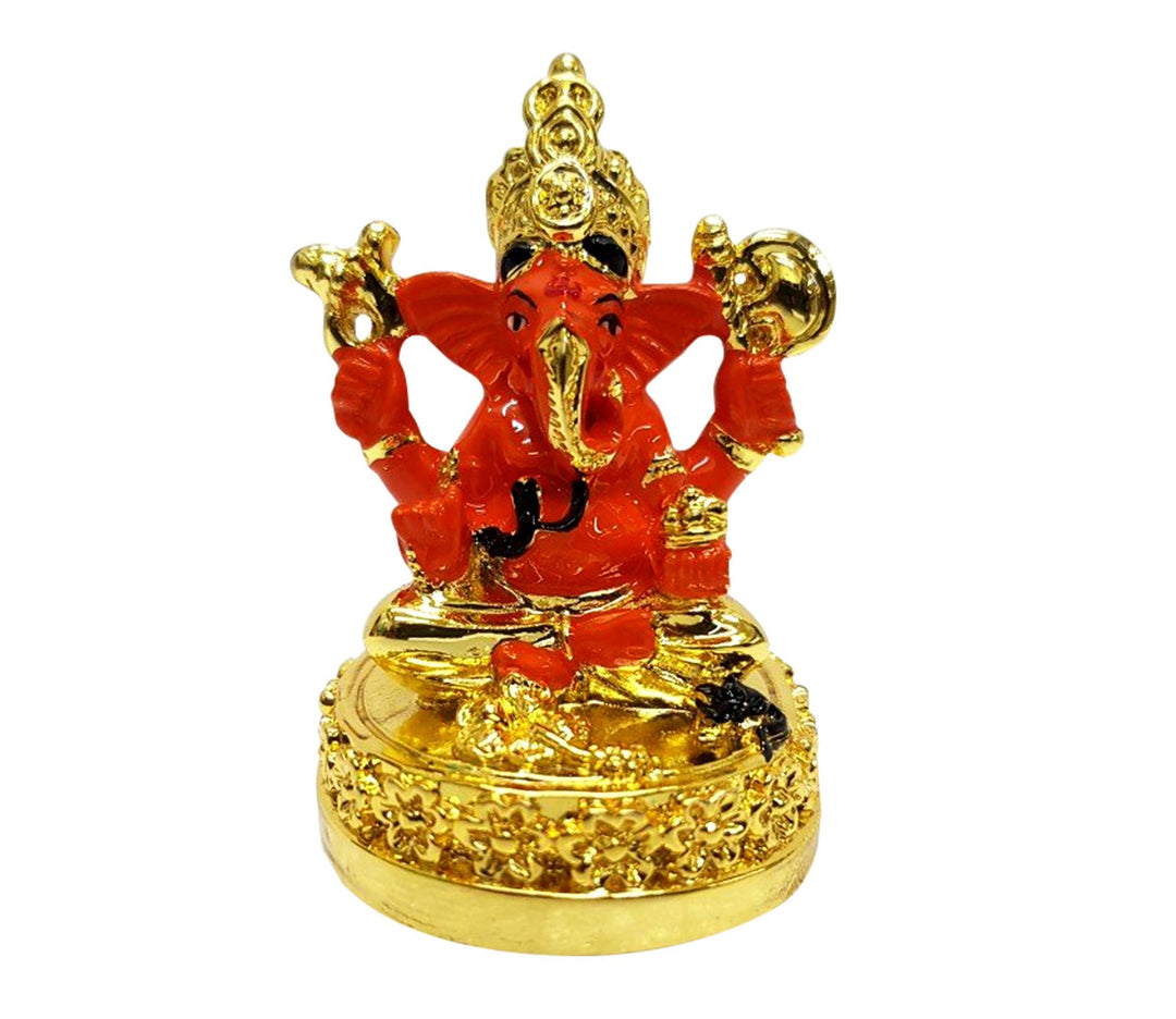 Captivating Mini Ganesha Idol in Orange with Golden Mukut and Base