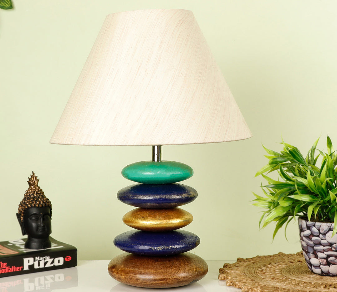Modern Wooden Table Lamp with Hand-Painted Blue Accents