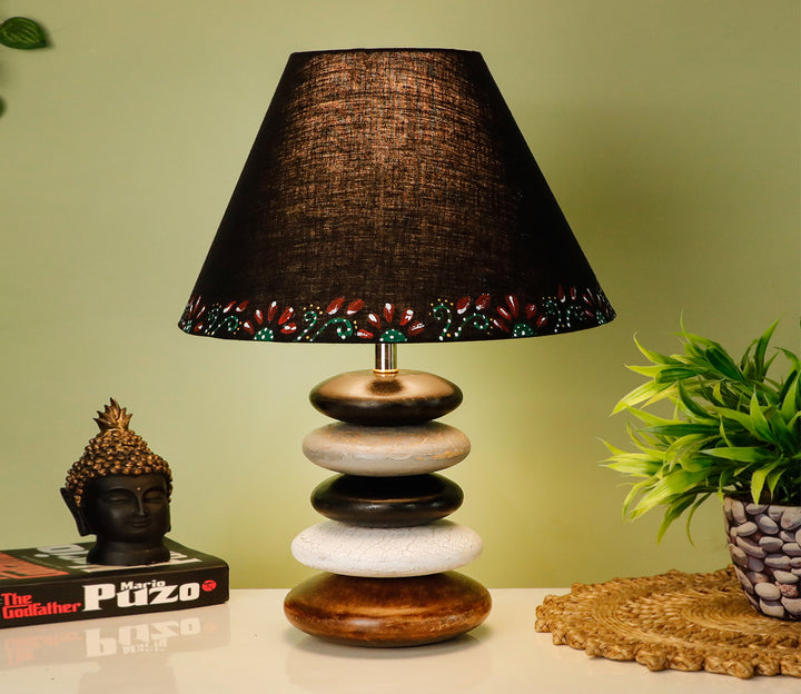 Handcrafted Distressed Wood Table Lamp with Multicolor Accents and Black Shade