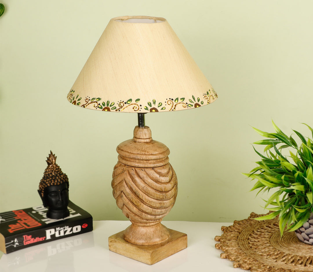 Hand-Carved Sheesham Wood Table Lamp with Ring Detail & Bordered Beige Shade (Medium)