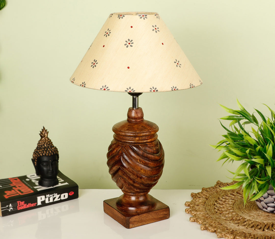 Hand-Carved Wood Table Lamp with Rings & Floral Shade (Medium)