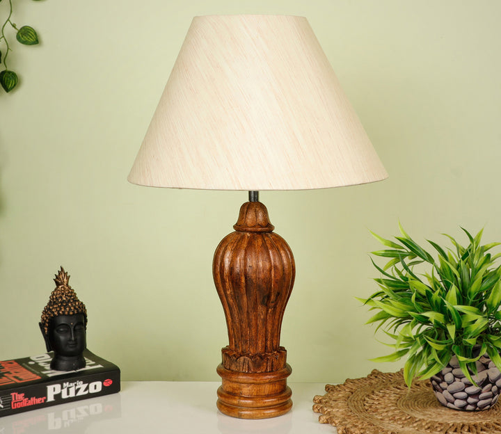 Handmade Coffee Colored Carved Wood Table Lamp with Beige Fabric Shade (Large)