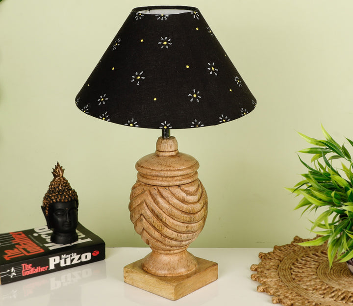 Hand-Carved Sheesham Wood Table Lamp with Ring Detail & Floral Black Shade (Medium)