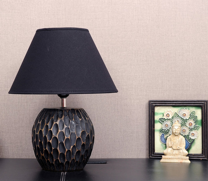 Black Carved Wood Mini Table Lamp with Black Cotton Shade
