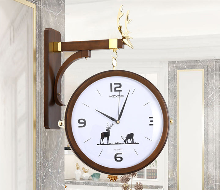 Double-Sided Retro Station Wall Clock - Brown and White