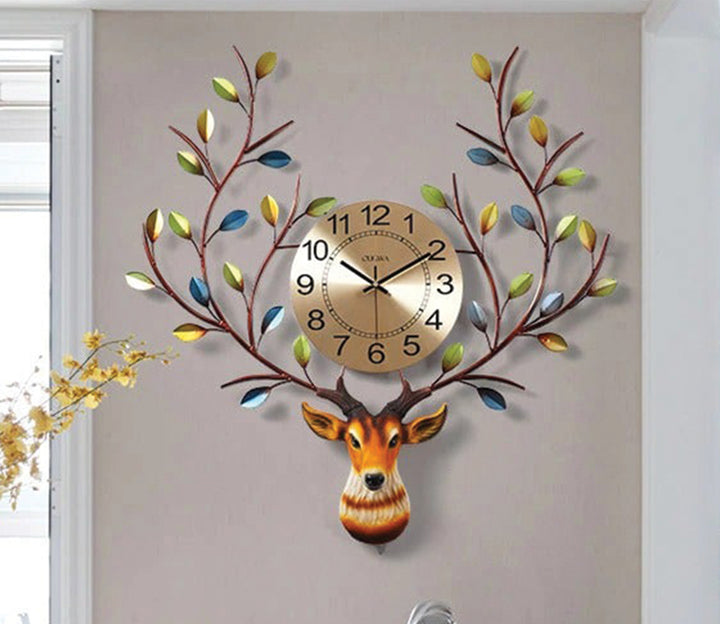 Large Multicolor Metal Wall Clock with Deer Silhouette