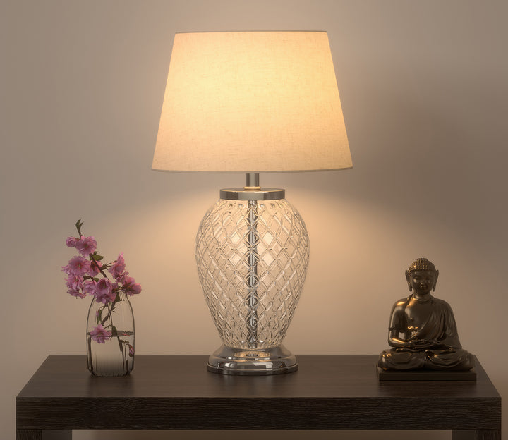 Silver Table Lamp with Diamond Cut Glass & White Shade