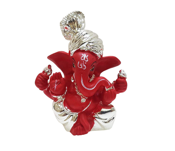 Captivating Mini Ganesha Idol in Silver and Red with Pagdi