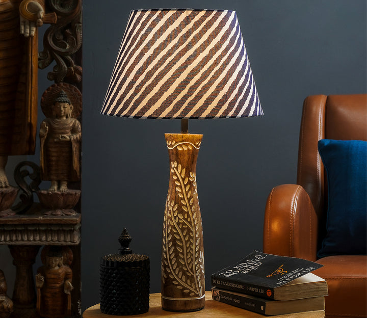 Blue Striped & Leaf Embossed Wood Table Lamp with Shade
