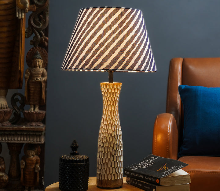 Blue Textured Stripe Wood Table Lamp with Shade