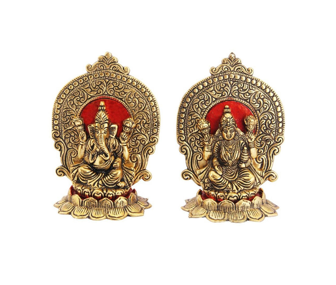 Exquisite Gold-Plated Lakshmi and Ganesha on Lotus