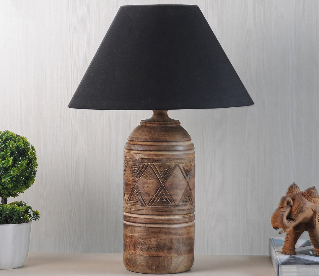 Natural Wood Table Lamp with Black Cotton Shade