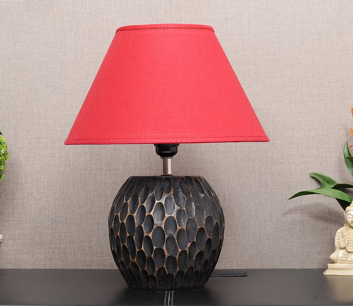 Distressed Wood Table Lamp with Maroon Shade