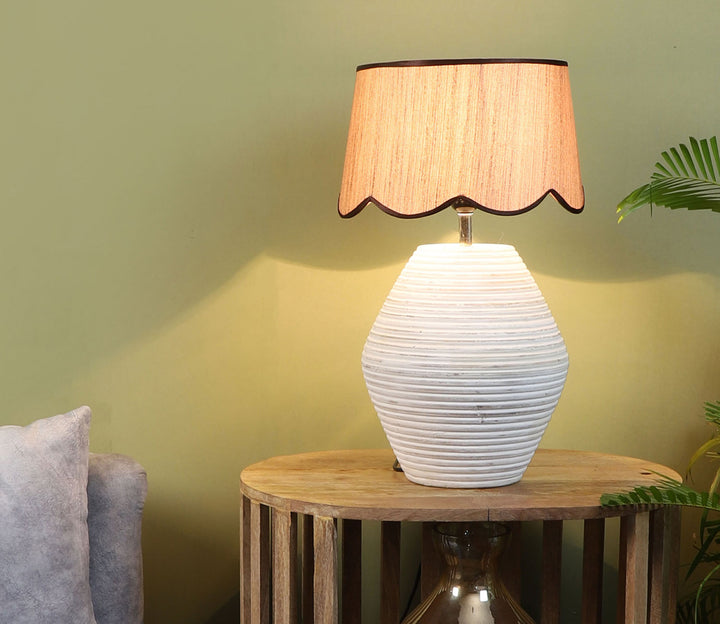 White & Natural Wood Table Lamp with Beige Shade