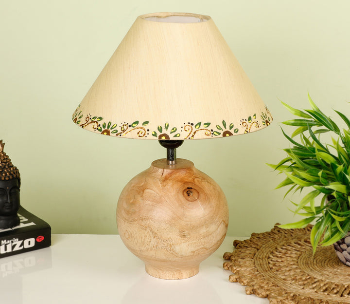 Hand-Carved Sheesham Wood Table Lamp with Minimalist Base & Bordered Beige Shade (Medium)
